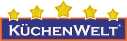 KüchenWelt logo met vijf gele sterren erboven tegen een blauwe achtergrond.
