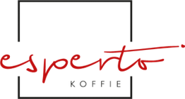 Logo van Esperto Koffie met rode handgeschreven tekst en zwarte rechthoek.
