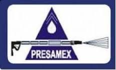 Logo de Presamex con un triángulo azul, gota y manguera, fondo blanco y marco azul.