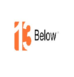 Orange and white "13 Below" logo on a white background.