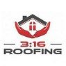 Logo of 3:16 Roofing with a house and red hands.