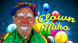 Clown met kleurrijke hoed en ballonnen op achtergrond, met tekst "Clown Miko".