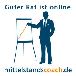 Silhouette eines Mannes zeigt auf ein Flipchart mit Text: "Guter Rat ist online. mittelstandscoach.de".