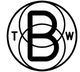 Schwarz-weißes Logo mit einem großen "B" in der Mitte, umgeben von Kreisen und den Buchstaben "T" und "W".