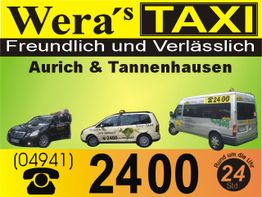 "Wera's Taxi-Werbung mit Autos, Telefonnummer 2400 für Aurich & Tannenhausen. Rund um die Uhr."