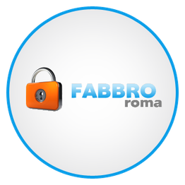 Lucchetto arancione accanto al testo "Fabbro Roma" su sfondo bianco con bordo blu.