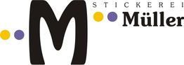 Logo der Stickerei Müller mit einem großen "M" und farbigen Punkten in Gelb und Lila.