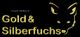 Goldener Schriftzug "Gold & Silberfuchs" mit Fuchsbild auf schwarzem Hintergrund.
