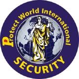 Logo mit Globus und Justitia, umgeben von "Protect World International Security" in Gelb und Blau.