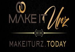 Elegant logo with "Make It Urz" in gold and brown script on a dark patterned background.
