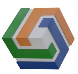 3D-Form aus ineinander verschränkten Formen in Grün, Orange und Blau auf weißem Hintergrund.