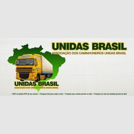 Caminhão amarelo sobre mapa do Brasil com texto "Unidas Brasil, Associação dos Caminhoneiros".