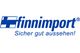 Blaues Logo von Finnimport mit dem Slogan "Sicher gut aussehen!" und stilisiertem Icon.