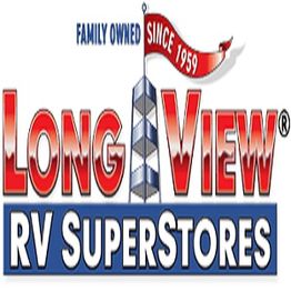 Long View RV Superstores logo, family-owned since 1959, red and blue, flag and building tower design.