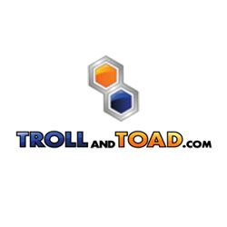 Logo of Troll and Toad with hexagon shapes in orange and blue above the text.