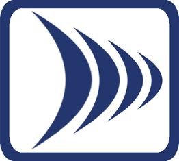 Blaues Logo mit vier gebogenen, diagonalen Linien in einem rechteckigen Rahmen auf weißem Hintergrund.