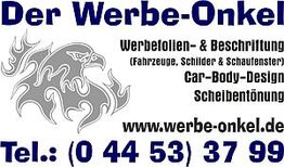 „Der Werbe-Onkel“ Logo mit Adler, Kontaktinfos und Dienstleistungen für Fahrzeugbeschriftung.