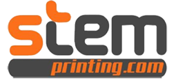 Logotipo con texto "stem printing.com" en negro y naranja sobre fondo transparente.