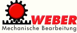 Logo von Weber, Mechanische Bearbeitung, mit rotem Zahnrad und schwarzem Zahnmuster.