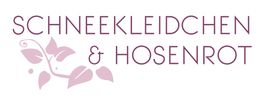 Logo mit rosa Text "Schneekleidchen & Hosenrot" und Blumenmotiv.