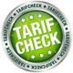 Grünes Logo mit dem Text "Tarifcheck" und sechs Sternen auf einem silbernen Kreis.
