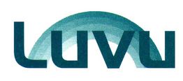 Logo met de tekst "Luvu" in blauwe letters met een gebogen vorm erachter.