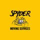 Cartoon spider holding a box with text "Spyder Moving Services" on a yellow background.