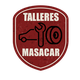 Escudo rojo con texto "Talleres Masacar", dibujo de coche, llave inglesa y neumático.