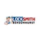 Cartoon locksmith logo with thumbs-up, text: "LOCKSMITH BENSONHURST" in blue and red.