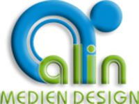 Logo mit den Worten "alin MEDIEN DESIGN", blau-grüne Farbgestaltung.