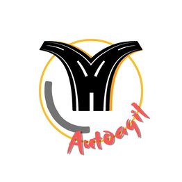 Logotipo con carreteras negras formando una "Y" y texto rojo "Autoagil" sobre un círculo naranja.
