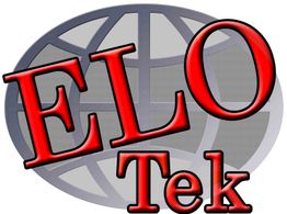 ELO Tek-Logo mit rotem Text vor grauem Globus-Hintergrund.