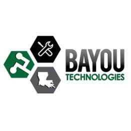 Bayou Technologies logo with hexagons featuring tech icons and the state of Louisiana.