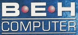 BEH Computer-Logo mit blauen Hintergrund und roten Punkten in den Buchstaben.