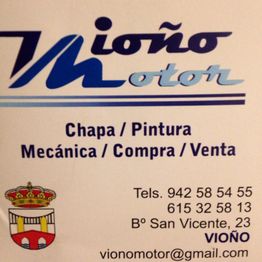 Tarjeta de taller: chapas, pintura, mecánica. Dirección y contactos en Bº San Vicente, Vioño.