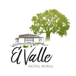 Logotipo del "Hotel Rural El Valle" con casa y árbol verde a su lado.