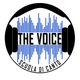 Logo con cuffie e onde sonore blu, testo: "The Voice Scuola di Canto".