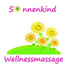 Bunte Grafik mit lachenden Sonnenblumen und der Aufschrift "Sonnenkind Wellnessmassage".