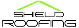 Shield Roofing logo with green outline of a roof above the text.