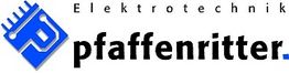 Logo mit blauem Schaltkreis, Text: "Elektrotechnik Pfaffenritter" in Schwarz.