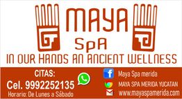 Anuncio de Maya Spa con contactos y redes sociales, lema "In Our Hands An Ancient Wellness".