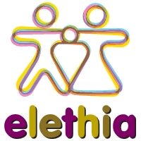 Logotipo colorido con figuras humanas y el texto "elethia" en la parte inferior.