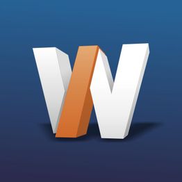 3D-Buchstabe "W" in Weiß und Orange auf blauem Hintergrund.