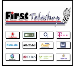 Logos von Mobilfunkanbietern mit dem Schriftzug "First Teleshop" und einem alten Handy oben rechts.