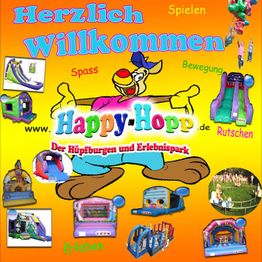 Bunte Einladung zum Hüpfburgen- und Erlebnispark Happy-Hopp mit verschiedenen Attraktionen.