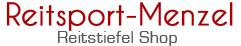 Logo mit rotem Text: "Reitsport-Menzel" und grauem Text: "Reitstiefel Shop".