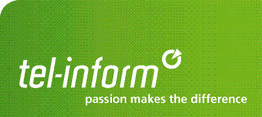 Logo mit der Aufschrift "tel-inform" und Slogan "passion makes the difference" auf grünem Hintergrund.