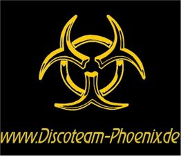 Gelbes Biohazard-Symbol auf schwarzem Hintergrund, darunter die Website „www.Discoteam-Phoenix.de“.