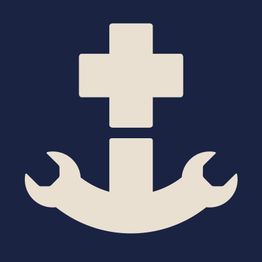 Symbol eines Kreuzes und unteren Teil eines Ankers in Beige auf dunkelblauem Hintergrund.