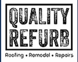 "Quality Refurb: Roofing, Remodel, Repairs logo with textured black text on a white background."